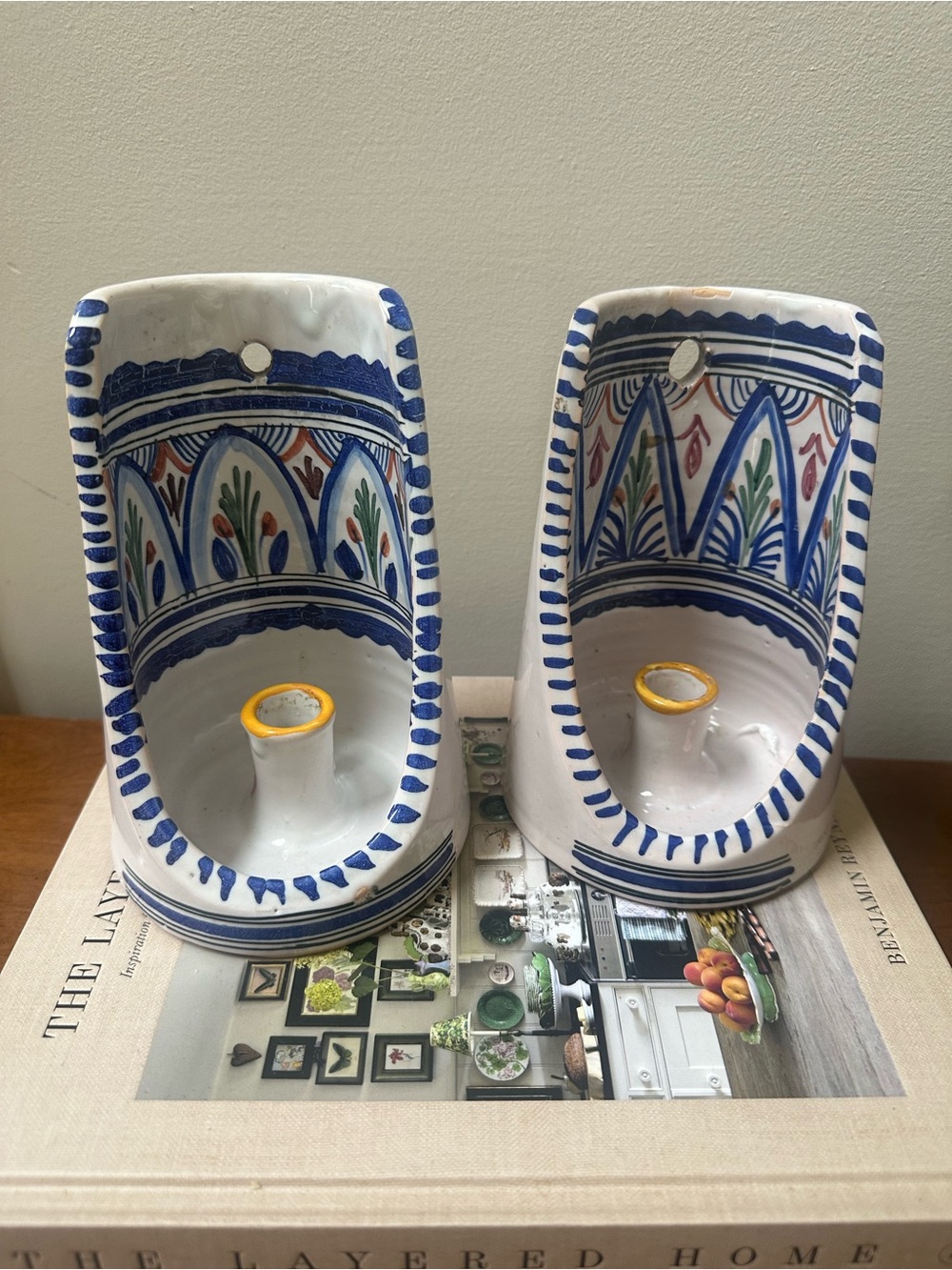 Vintage Spanish-style Hand-Painted Ceramic Wall Sconces in White and Blue